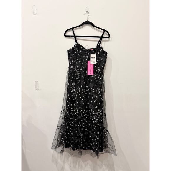 NWT Betsey Johnson Rainbow Star Mesh A-Line Midi Dress Black Women's Size 12 - Picture 2 of 5